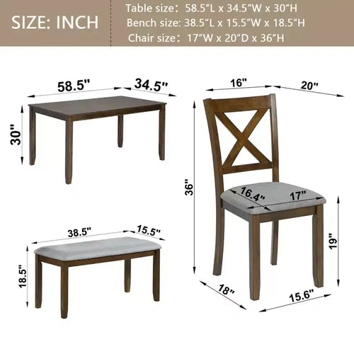 6-teiliges Esszimmer-Set: Rechteckiger Holztisch, 4 Polsterstühle, Sitzbank für Küche, Wohnzimmer, Bar