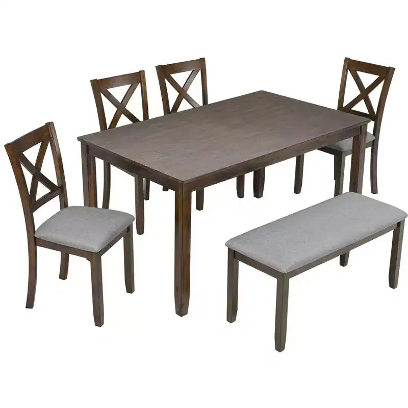 6-teiliges Esszimmer-Set: Rechteckiger Holztisch, 4 Polsterstühle, Sitzbank für Küche, Wohnzimmer, Bar