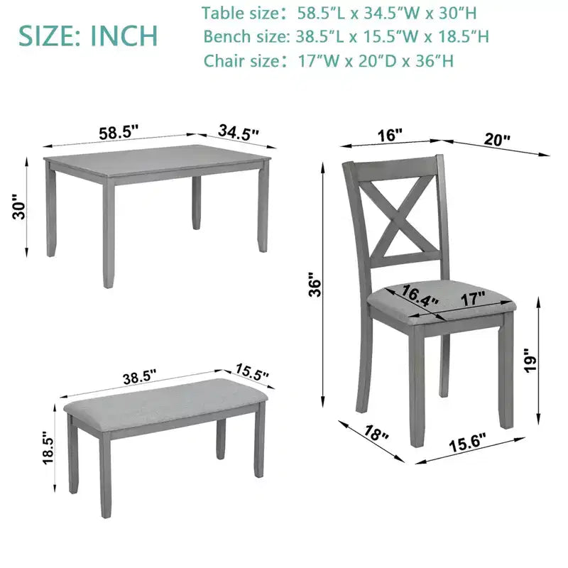 6-teiliges Esszimmer-Set: Rechteckiger Holztisch, 4 Polsterstühle, Sitzbank für Küche, Wohnzimmer, Bar