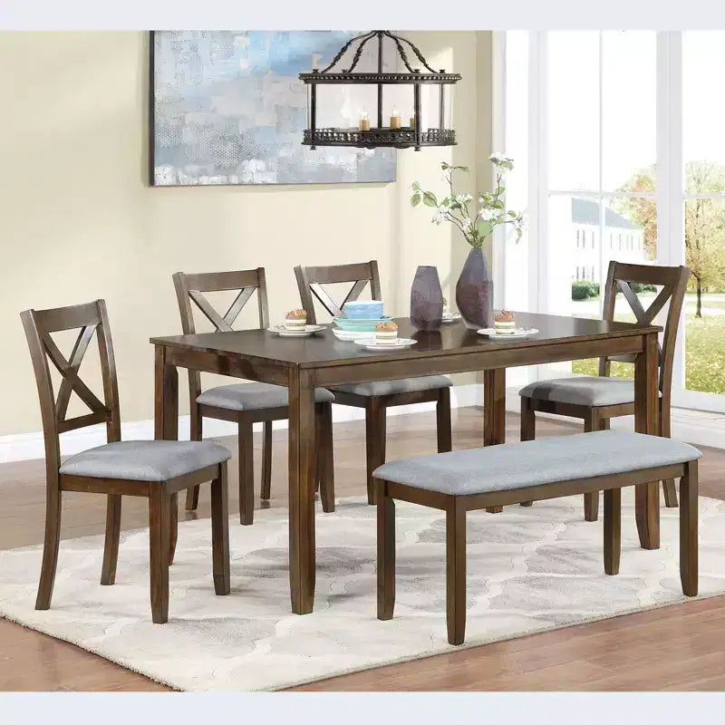 6-teiliges Esszimmer-Set: Rechteckiger Holztisch, 4 Polsterstühle, Sitzbank für Küche, Wohnzimmer, Bar