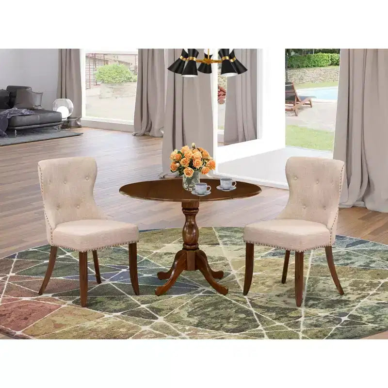HomeStock Runder Esszimmertisch-Set für kleine Räume, Stoffstühle, Antik-Nussbaum