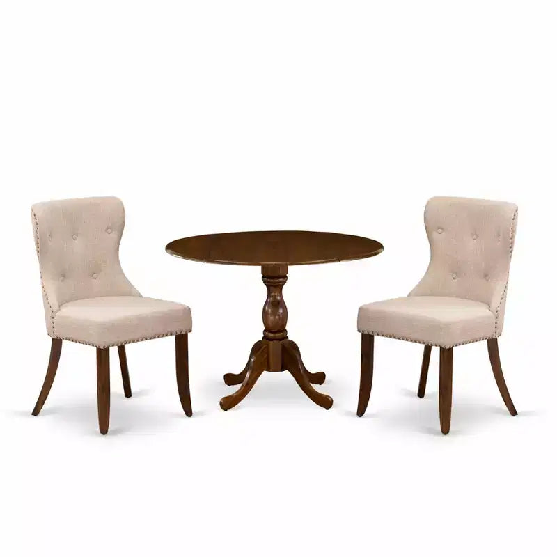 HomeStock Runder Esszimmertisch-Set für kleine Räume, Stoffstühle, Antik-Nussbaum