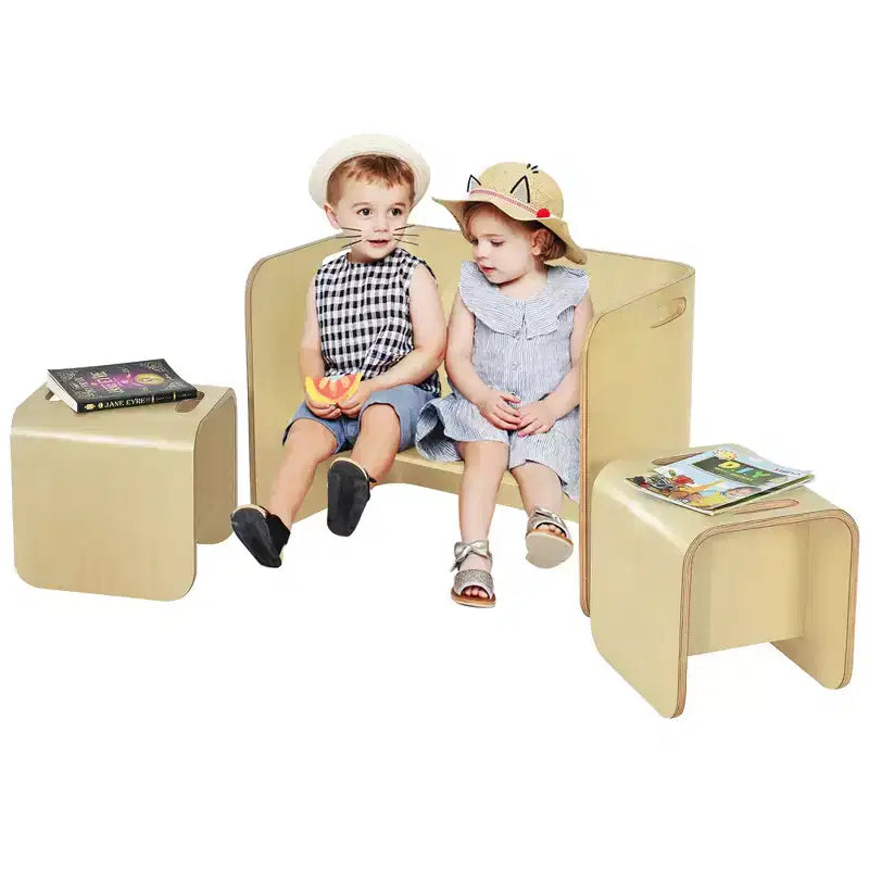 Costway 3-tlg. Kindertisch- & Stuhlset aus Holz, Mehrzweck-Kindermöbel für Homeschooling, Natur/Grau