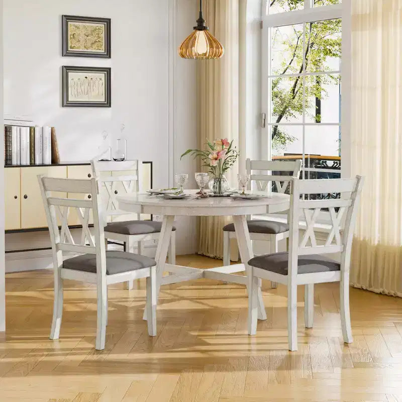 VECELO Rustikales Esszimmertisch-Set, Runder Tisch aus Kautschukholz und gepolsterte Esszimmerstühle für die Küche, Grau