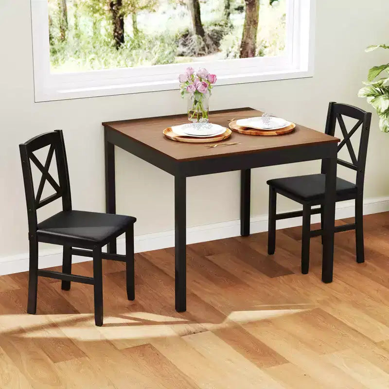Costway 3-teiliges Esstisch-Set, quadratischer Küchentisch aus Holz mit 2 gepolsterten Stühlen, Braun/Grau