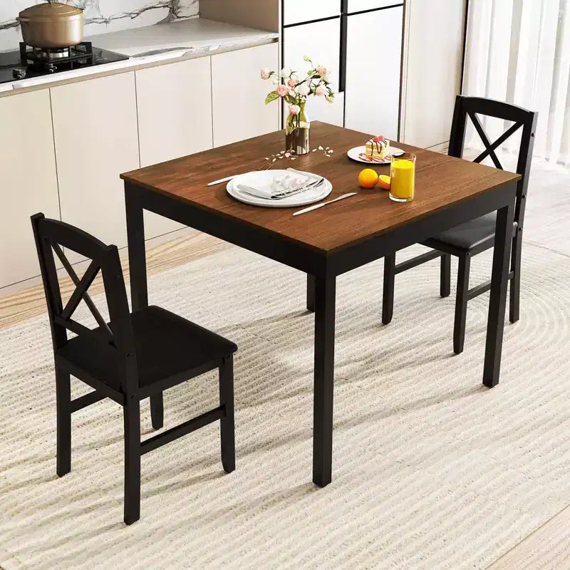 Costway 3-teiliges Esstisch-Set, quadratischer Küchentisch aus Holz mit 2 gepolsterten Stühlen, Braun/Grau