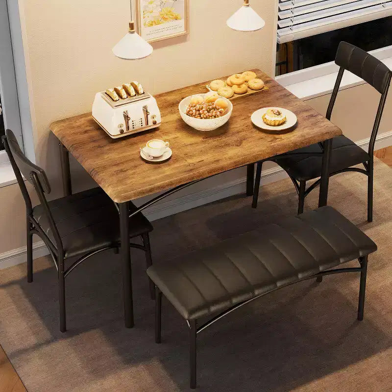 Esstisch-Set für 4 Personen, Küchentisch mit Stühlen, rechteckiger Holztisch mit gepolsterter Bank für kleine Räume, Esszimmer, Apartment