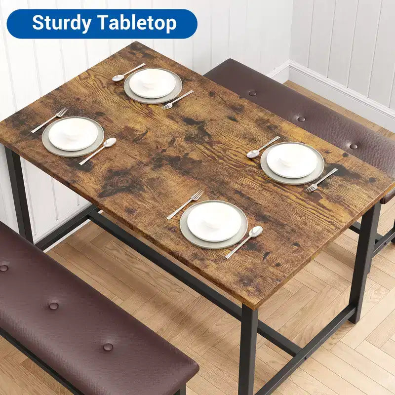 Esstisch-Set für 4 Personen, Küchentisch mit 2 gepolsterten Bänken, Esszimmergarnitur aus Holz, für kleine Räume, Apartments, Zuhause, Abendessen