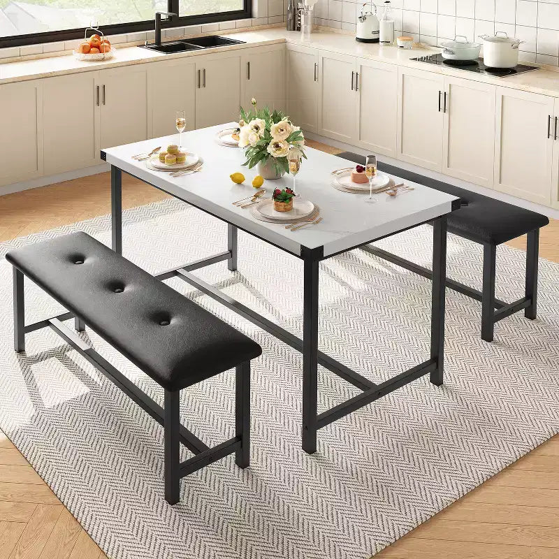 Esstisch-Set für 4 Personen, Küchentisch mit 2 gepolsterten Bänken, Esszimmergarnitur aus Holz, für kleine Räume, Apartments, Zuhause, Abendessen