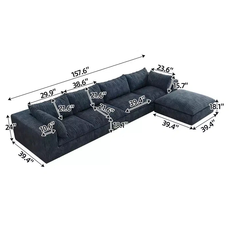 157,6-Zoll Blue Cloud Sofa, Kordstoff, tief sitzende Couch mit 1 Hocker, zweilagiges Design, abnehmbares Kissen, keine Montage erforderlich, DIY-Kombination