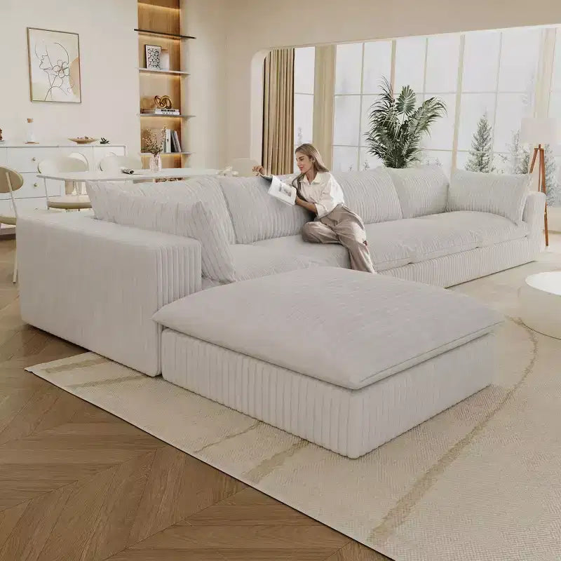 157,6-Zoll Blue Cloud Sofa, Kordstoff, tief sitzende Couch mit 1 Hocker, zweilagiges Design, abnehmbares Kissen, keine Montage erforderlich, DIY-Kombination
