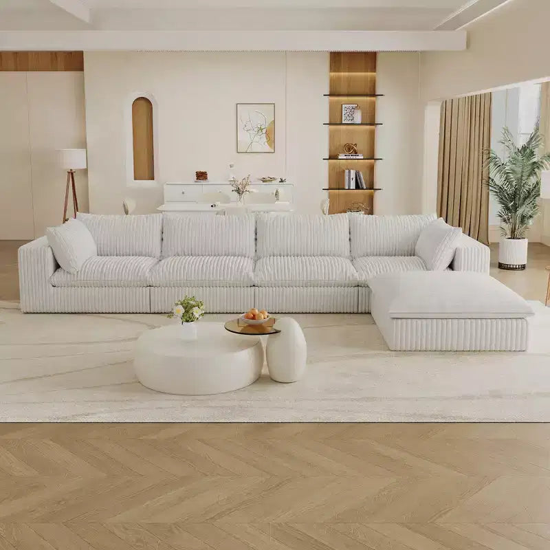 157,6-Zoll Blue Cloud Sofa, Kordstoff, tief sitzende Couch mit 1 Hocker, zweilagiges Design, abnehmbares Kissen, keine Montage erforderlich, DIY-Kombination