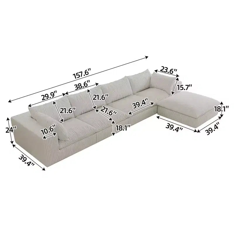 157,6-Zoll Blue Cloud Sofa, Kordstoff, tief sitzende Couch mit 1 Hocker, zweilagiges Design, abnehmbares Kissen, keine Montage erforderlich, DIY-Kombination