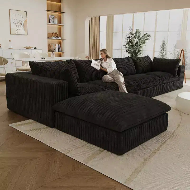 157,6-Zoll Blue Cloud Sofa, Kordstoff, tief sitzende Couch mit 1 Hocker, zweilagiges Design, abnehmbares Kissen, keine Montage erforderlich, DIY-Kombination