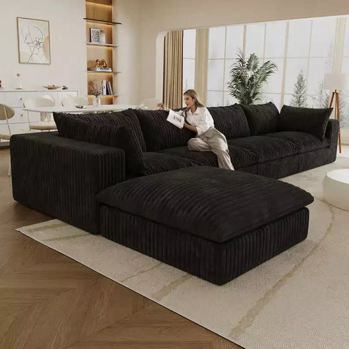 157,6-Zoll Blue Cloud Sofa, Kordstoff, tief sitzende Couch mit 1 Hocker, zweilagiges Design, abnehmbares Kissen, keine Montage erforderlich, DIY-Kombination