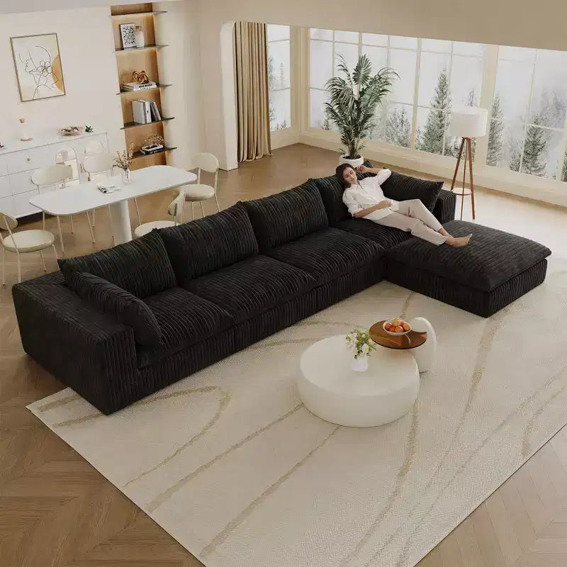 157,6-Zoll Blue Cloud Sofa, Kordstoff, tief sitzende Couch mit 1 Hocker, zweilagiges Design, abnehmbares Kissen, keine Montage erforderlich, DIY-Kombination