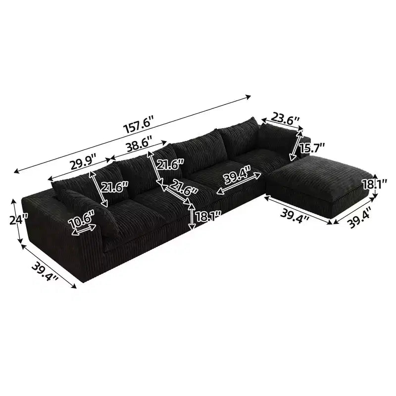 157,6-Zoll Blue Cloud Sofa, Kordstoff, tief sitzende Couch mit 1 Hocker, zweilagiges Design, abnehmbares Kissen, keine Montage erforderlich, DIY-Kombination
