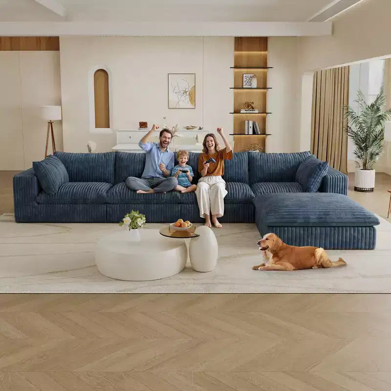 157,6-Zoll Blue Cloud Sofa, Kordstoff, tief sitzende Couch mit 1 Hocker, zweilagiges Design, abnehmbares Kissen, keine Montage erforderlich, DIY-Kombination