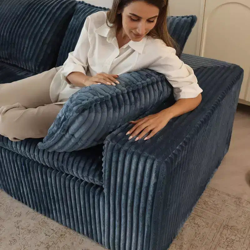 157,6-Zoll Blue Cloud Sofa, Kordstoff, tief sitzende Couch mit 1 Hocker, zweilagiges Design, abnehmbares Kissen, keine Montage erforderlich, DIY-Kombination