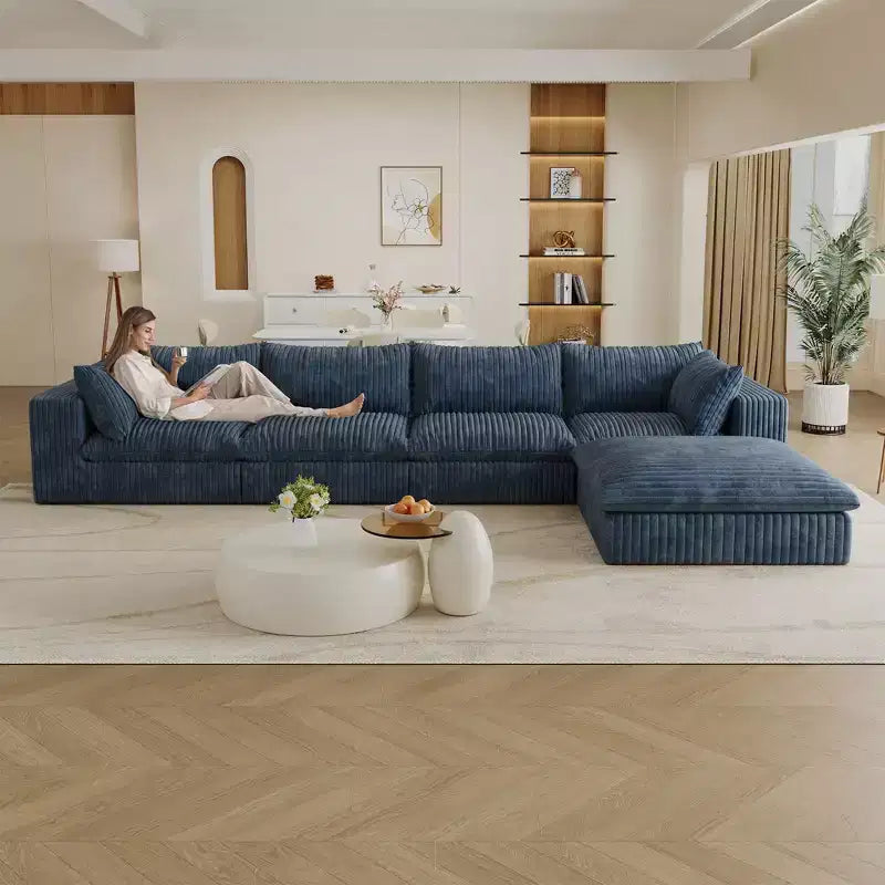157,6-Zoll Blue Cloud Sofa, Kordstoff, tief sitzende Couch mit 1 Hocker, zweilagiges Design, abnehmbares Kissen, keine Montage erforderlich, DIY-Kombination