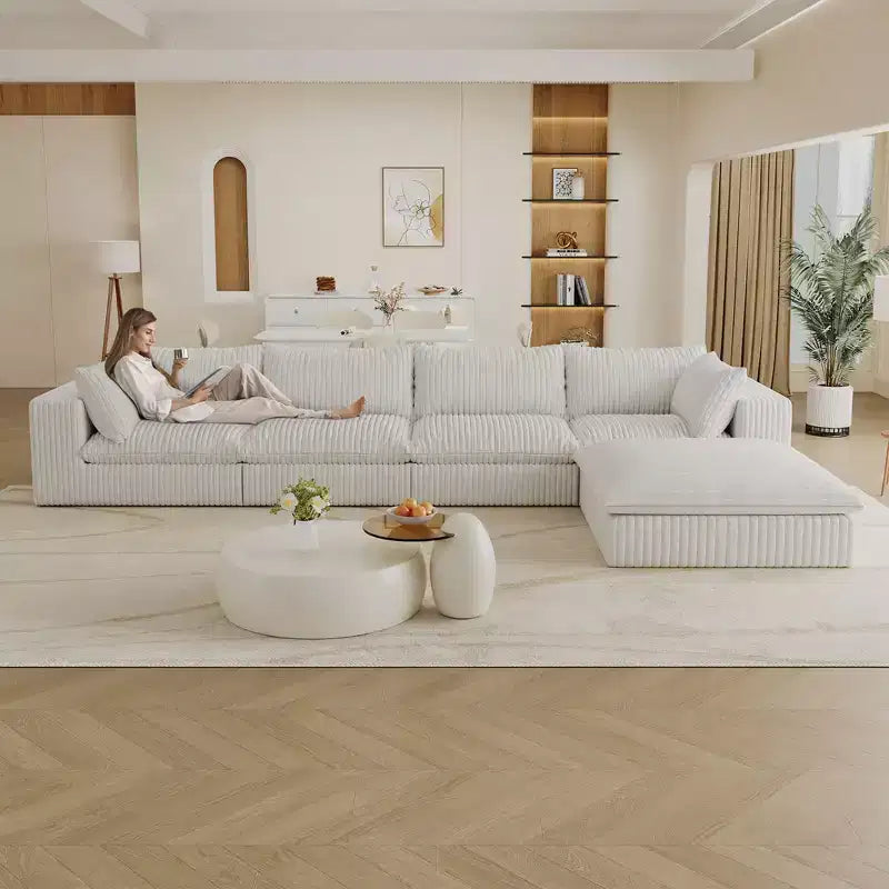 157,6-Zoll Blue Cloud Sofa, Kordstoff, tief sitzende Couch mit 1 Hocker, zweilagiges Design, abnehmbares Kissen, keine Montage erforderlich, DIY-Kombination
