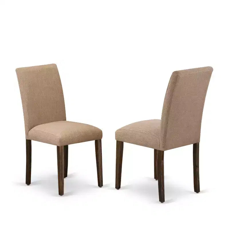 HomeStock Belmont 7-teiliges Esszimmerset, rechteckiger Tisch und 6 Parson-Stühle mit beigefarbenem Leinenbezug, Oberfläche in antikem Jacobean-Finish