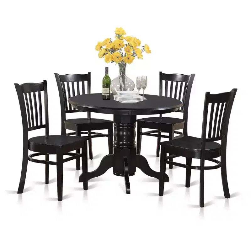 HomeStock Belmont 5-teiliges Küchen-Tisch- und Stuhl-Set, inklusive rundem Esstisch, Säulenfuß, 4 Stühlen mit Massivholzsitz, 42x42 Zoll, Leinenweiß