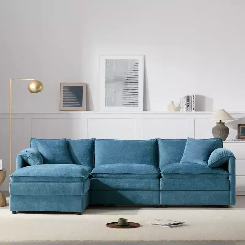 Polibi 4-teiliges modulares U-förmiges Ecksofa aus Chenille mit beweglichem Ottoman und Kissenarmlehnen