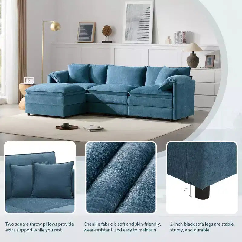 Polibi 4-teiliges modulares U-förmiges Ecksofa aus Chenille mit beweglichem Ottoman und Kissenarmlehnen