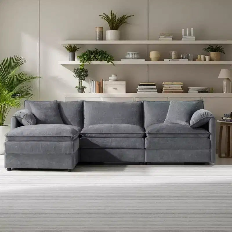 Polibi 4-teiliges modulares U-förmiges Ecksofa aus Chenille mit beweglichem Ottoman und Kissenarmlehnen