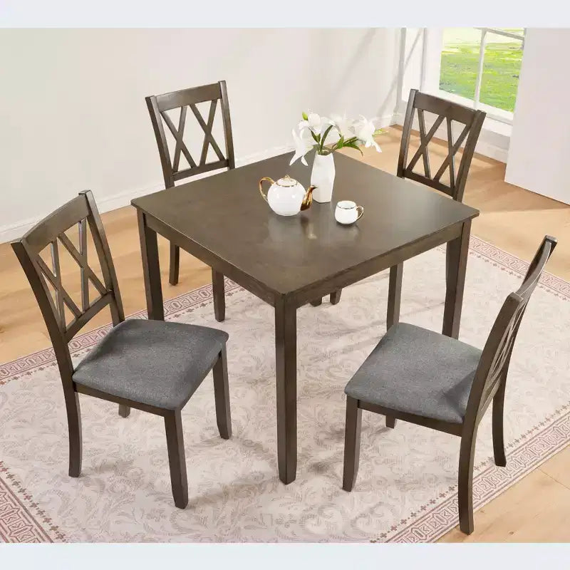 GDFStudio Andrea Modernes Esszimmer-Set, 5-teilig, Holz und Stoff, mit Kreuzrückenlehne