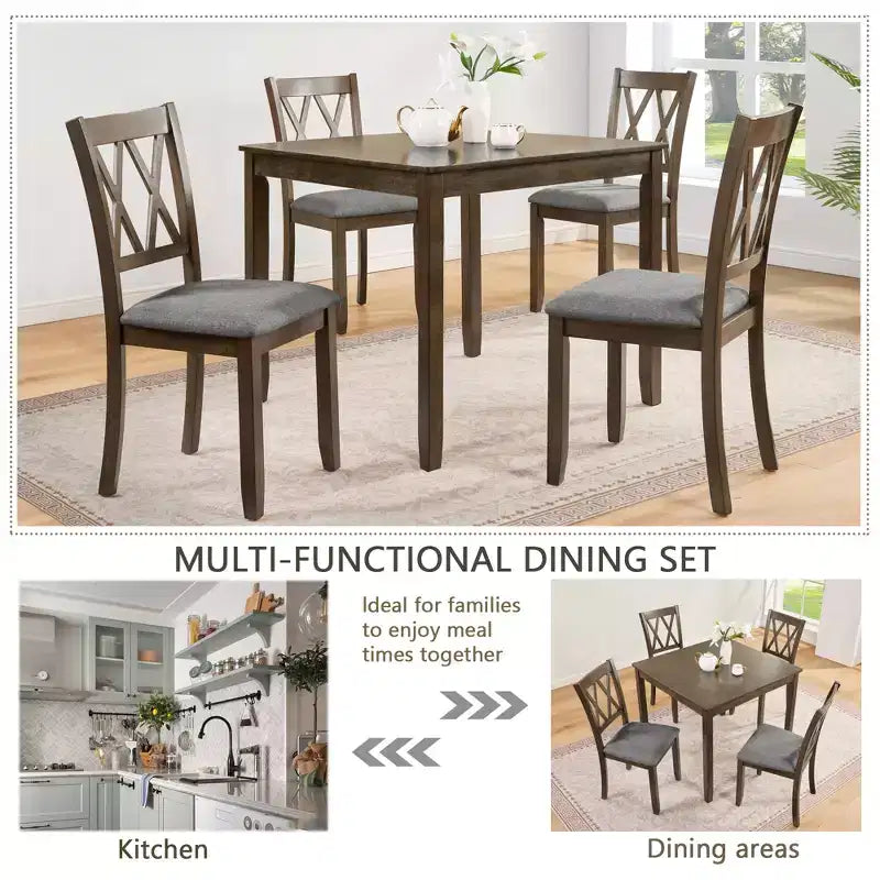GDFStudio Andrea Modernes Esszimmer-Set, 5-teilig, Holz und Stoff, mit Kreuzrückenlehne