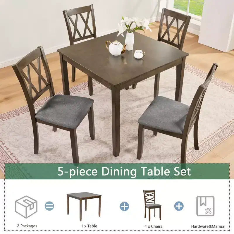 GDFStudio Andrea Modernes Esszimmer-Set, 5-teilig, Holz und Stoff, mit Kreuzrückenlehne