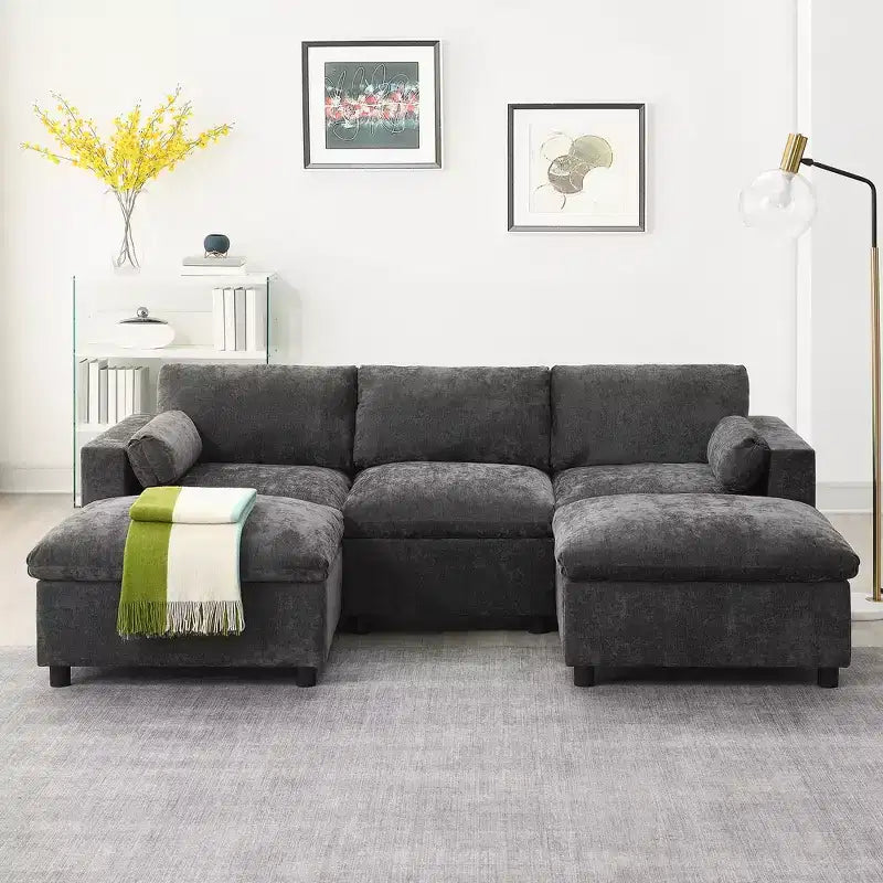 Polibi 5-Sitzer Modulares Chenille-Ecksofa mit zwei Hockern