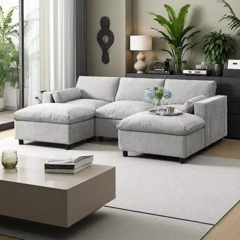Polibi 5-Sitzer Modulares Chenille-Ecksofa mit zwei Hockern