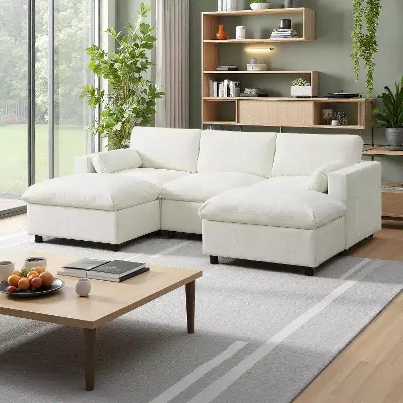Polibi 5-Sitzer Modulares Chenille-Ecksofa mit zwei Hockern
