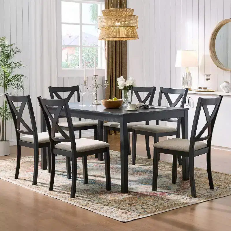 AMERLIFE 7-teiliges Landhaus-Esszimmerset, 60-Zoll-platzsparender Tisch mit 6 Stühlen für Esszimmer, Küche