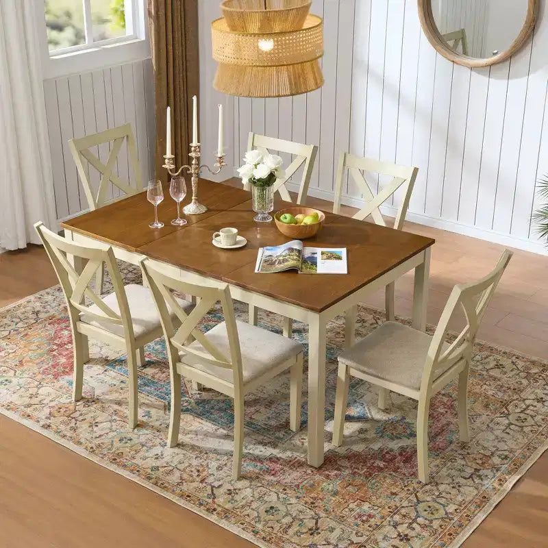 AMERLIFE 7-teiliges Landhaus-Esszimmerset, 60-Zoll-platzsparender Tisch mit 6 Stühlen für Esszimmer, Küche