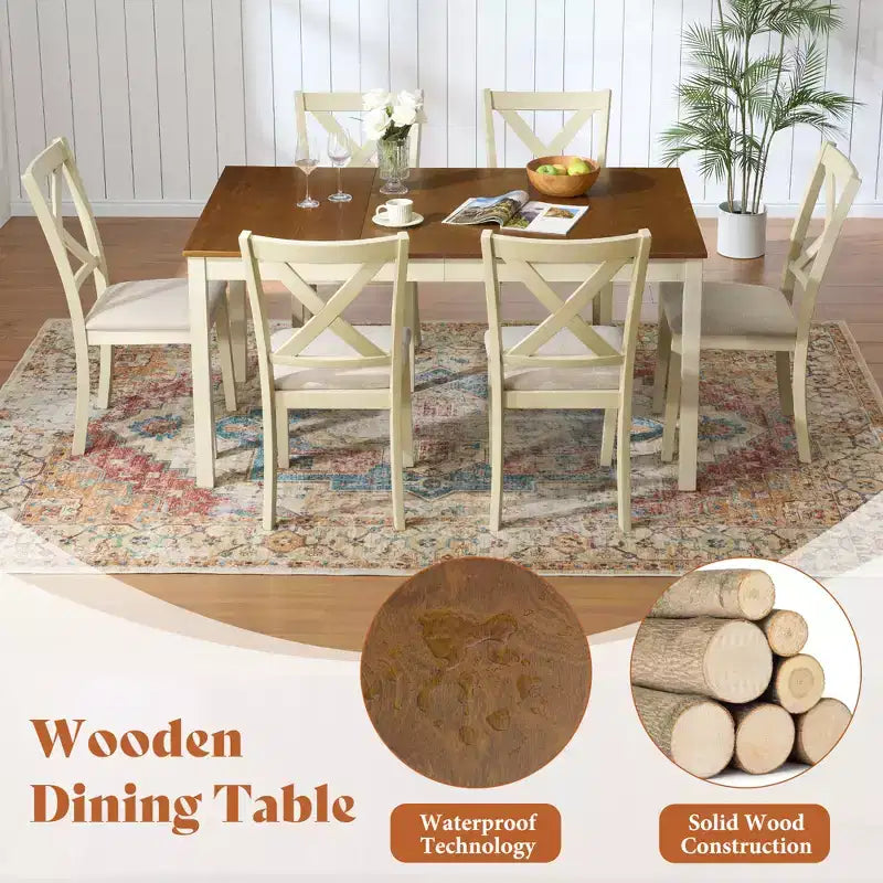 AMERLIFE 7-teiliges Landhaus-Esszimmerset, 60-Zoll-platzsparender Tisch mit 6 Stühlen für Esszimmer, Küche