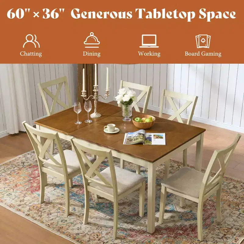 AMERLIFE 7-teiliges Landhaus-Esszimmerset, 60-Zoll-platzsparender Tisch mit 6 Stühlen für Esszimmer, Küche