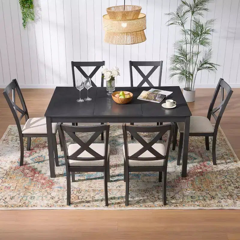 AMERLIFE 7-teiliges Landhaus-Esszimmerset, 60-Zoll-platzsparender Tisch mit 6 Stühlen für Esszimmer, Küche