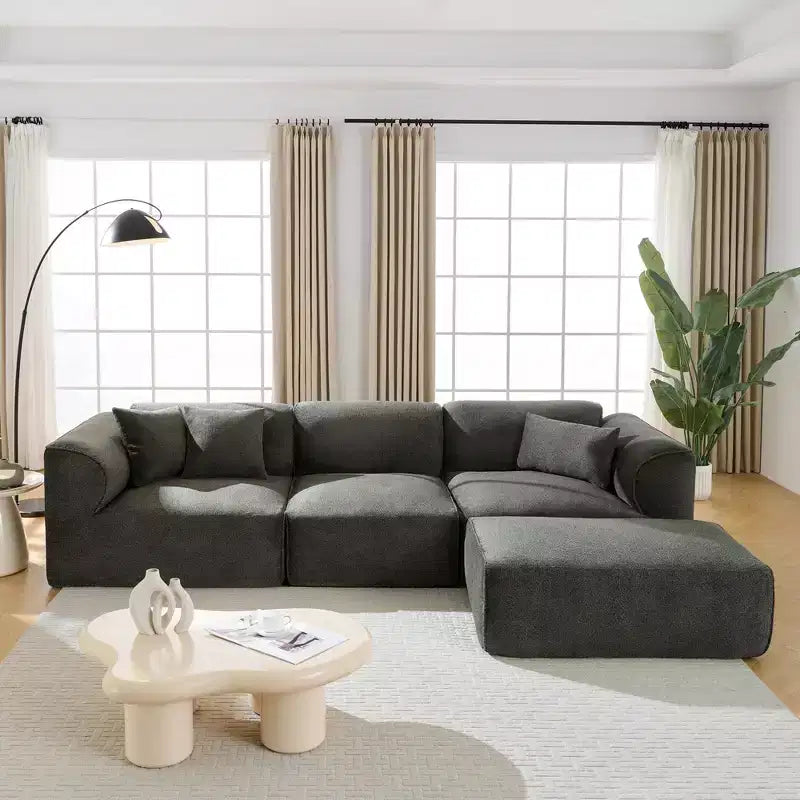 Clihome Luxus-Wohnzimmer-Sofa-Set mit 4 Sitzplätzen aus Samt, inklusive beweglichem Hocker, Plüschsofa
