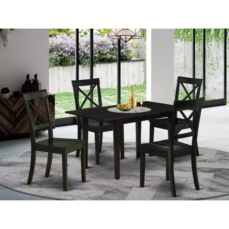 HomeStock 5-teiliges Esszimmer-Set, rechteckig, schwarzes Finish, Massivholz-Tischplatte mit Schmetterlingsauszug – für 4 Personen