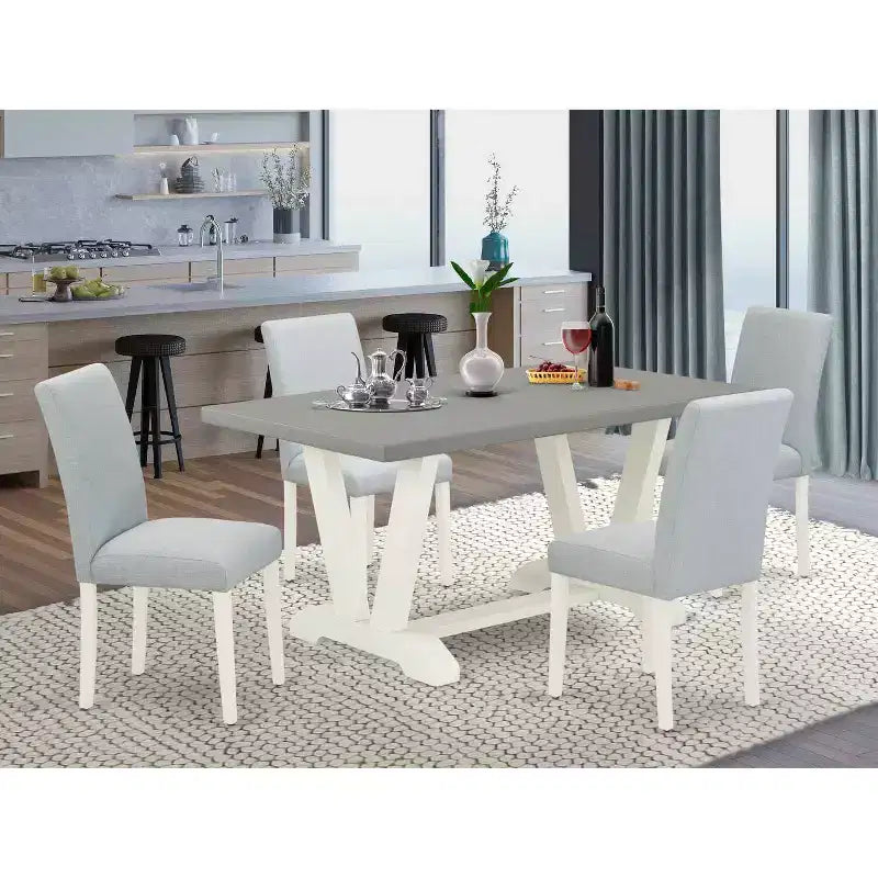 HomeStock 5-teiliges Esszimmer-Set: Rechteckiger Tisch mit Massivholzplatte in Eichenoptik und 4 Polsterstühlen