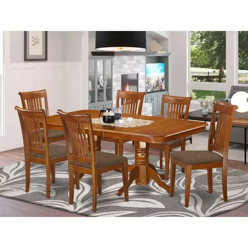 7-teiliges Esszimmer-Set – Holztisch & Leinenstühle – 102 x 198 cm rechteckig