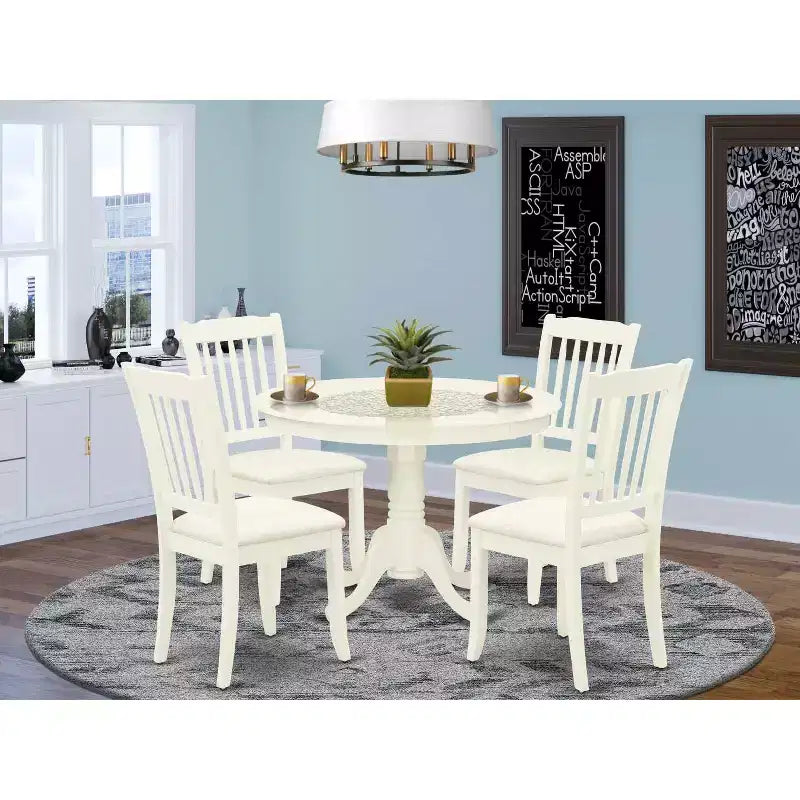 HomeStock 5-teiliges Esszimmerset, runder Tisch mit Tischplatte aus Massivholz in Leinenweiß-Finish und 4 Stühlen mit Lattenrückenlehne