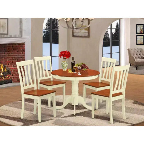 5-teiliges Esszimmertisch-Set, rund, Tischplatte aus Massivholz in Buttermilch- und Kirschholzoptik, mit 4 Stühlen