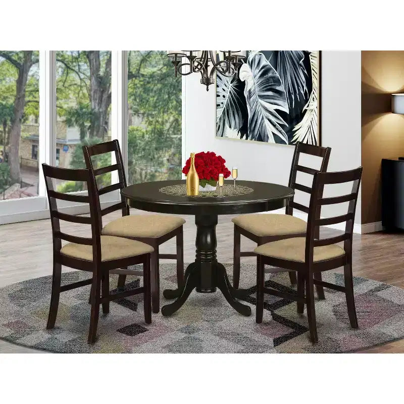 Küchentisch-Set für 4 Personen – 5-teiliges Esszimmer-Set mit rundem Tisch & Leinenstühlen – Art-Déco-Stil