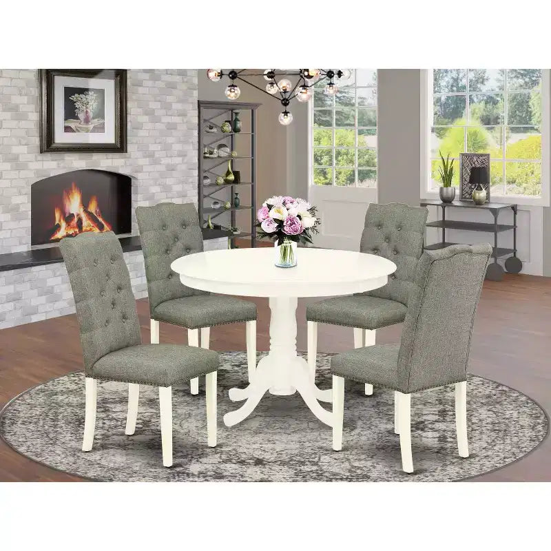 HomeStock 5-teiliges Esszimmer-Set, Tisch mit massiver Holzplatte in Leinenweiß und 4 Polsterstühlen