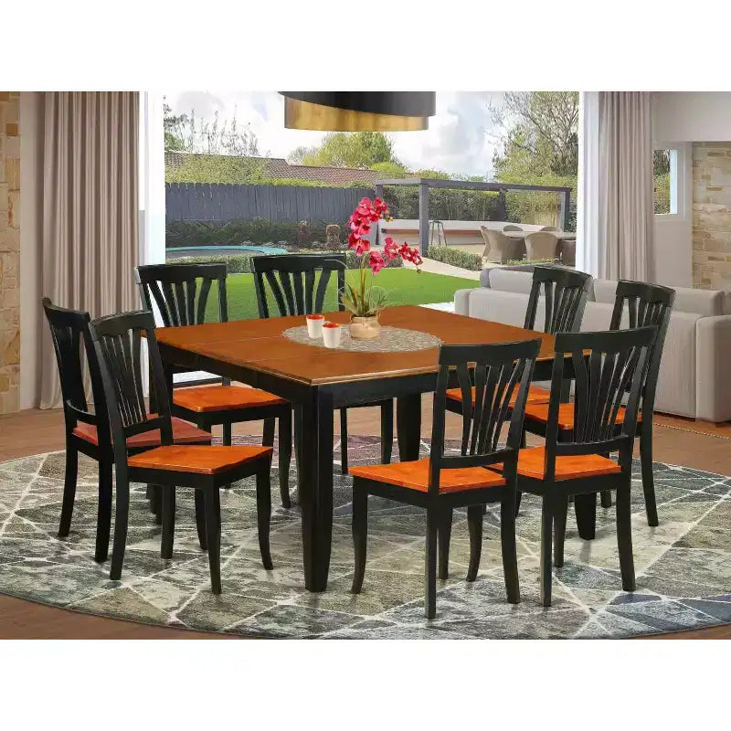HomeStock 9-teiliges quadratisches Esszimmertisch-Set in Schwarz und Kirschbaum-Optik mit Massivholzplatte und 8 Stühlen
